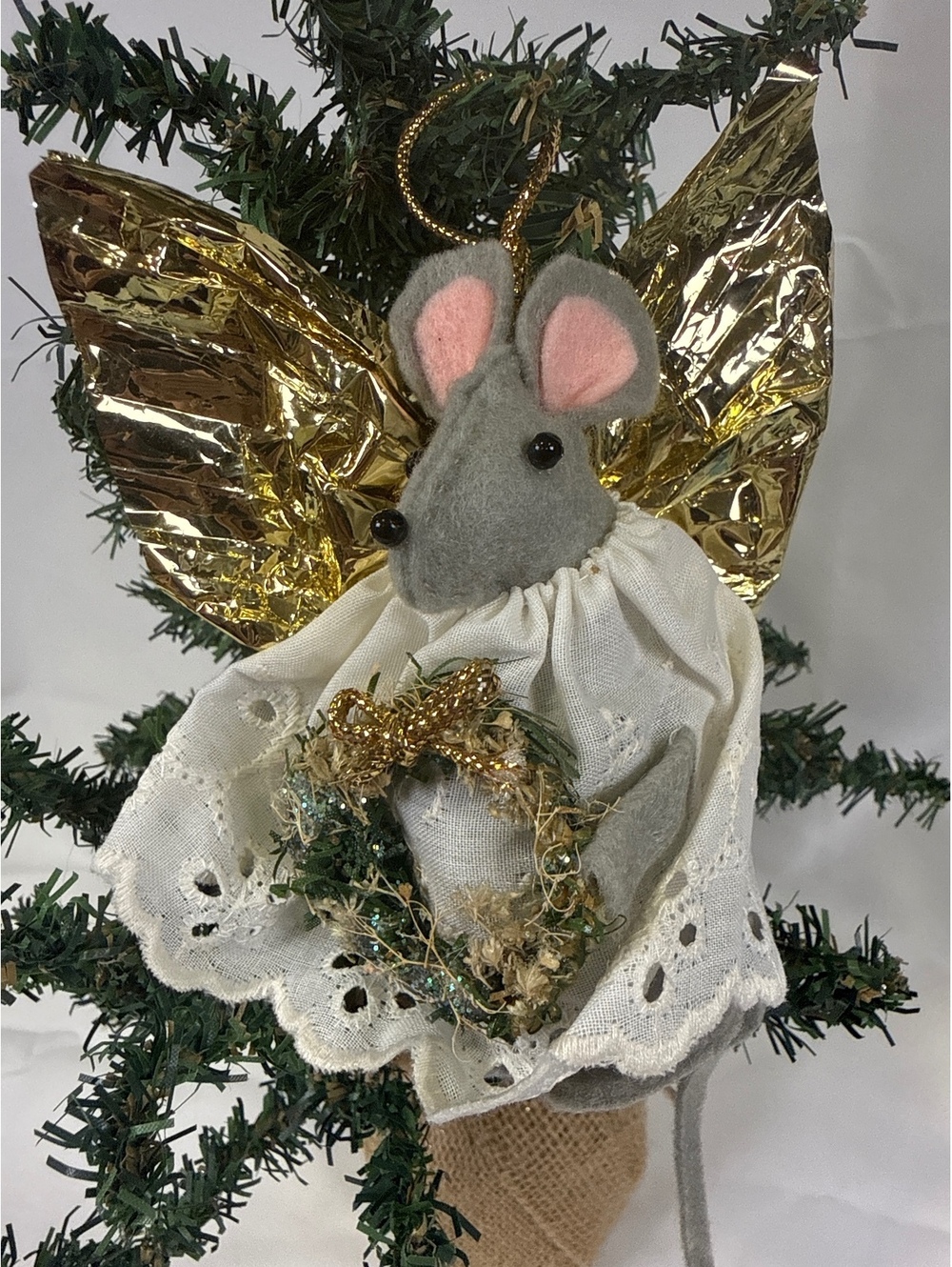 Vintage Holiday Mouse Angel Christmas Ornament with Gold Wings and Wreath